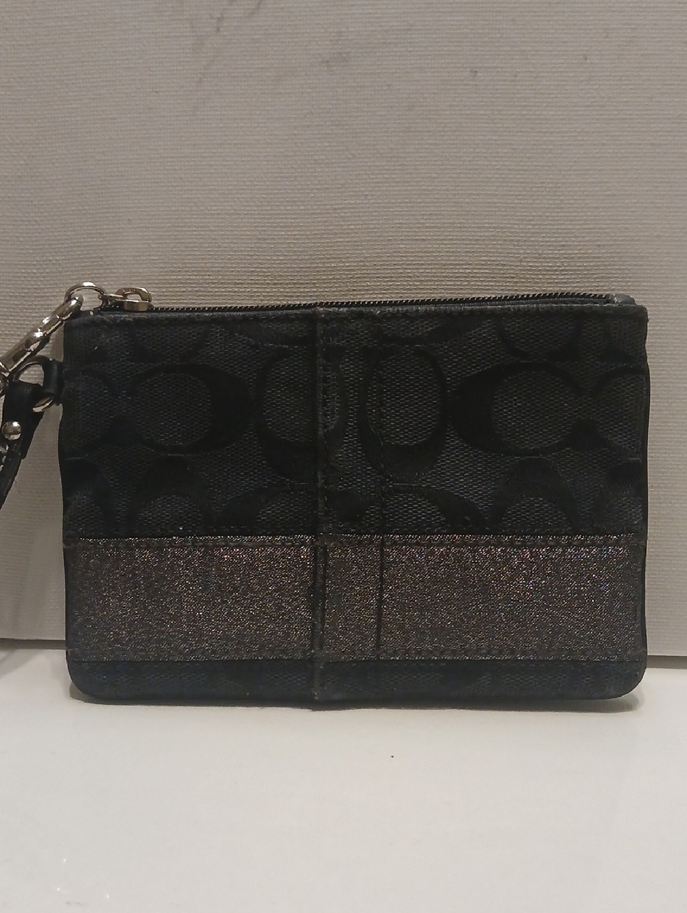 Coach Black Signature Wristlet with Metallic Accent Panel